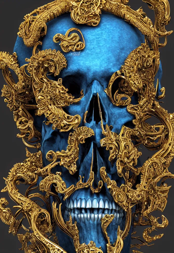 Prompt: portrait of a 3d render ultra detailed skull, one skull centered, art deco, intricate gears details, hyperrealistic, ultra detailed, elegant, octane render, blue and gold, 8k, trending on Artstation, unreal engine