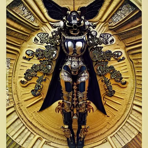 Prompt: haute couture scale armour sf paladin editorial by klimt, biomechanical hornet with metal couture wings by malczewski, ornate wh 4 0 k chaos lord in gold, bismuth and obsidian by giger, on bloody cosmic battleground by alphonse mucha