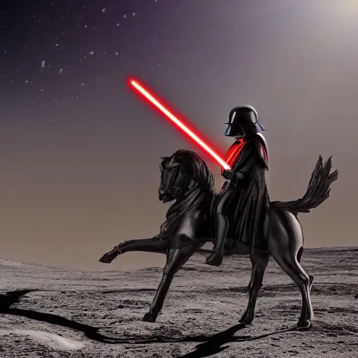 Prompt: darth vader riding a horse on the moon of endor, beautiful days, crepuscular rays