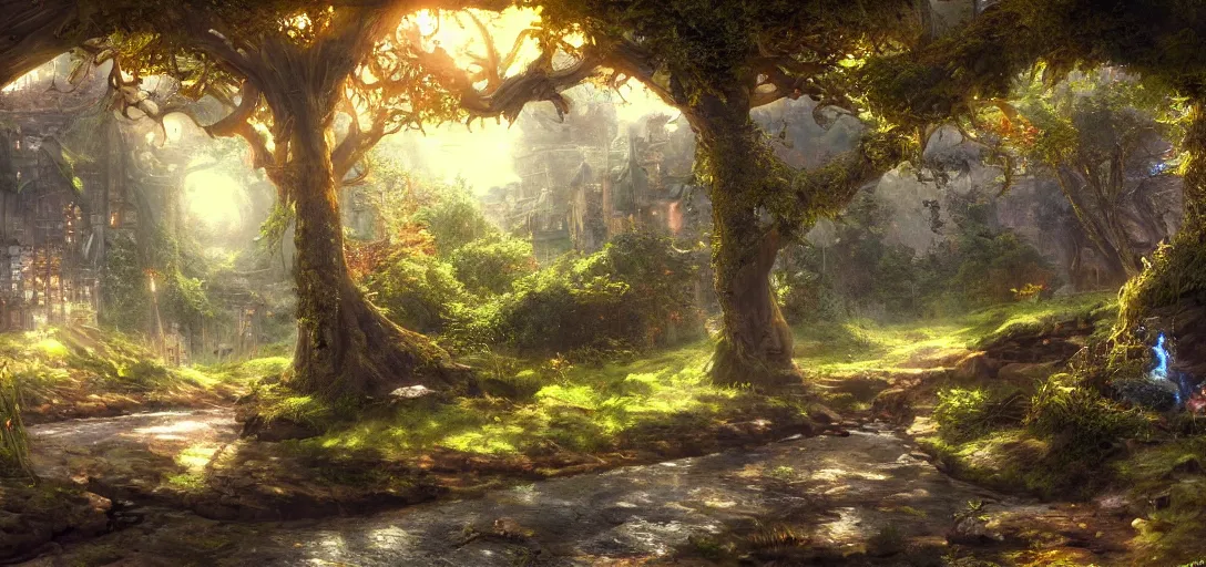 Prompt: fantasy desktop background, painting, magical, landscape, intricate and detailed environment, raytracing, compute shaders, soft lighting, sharp focus