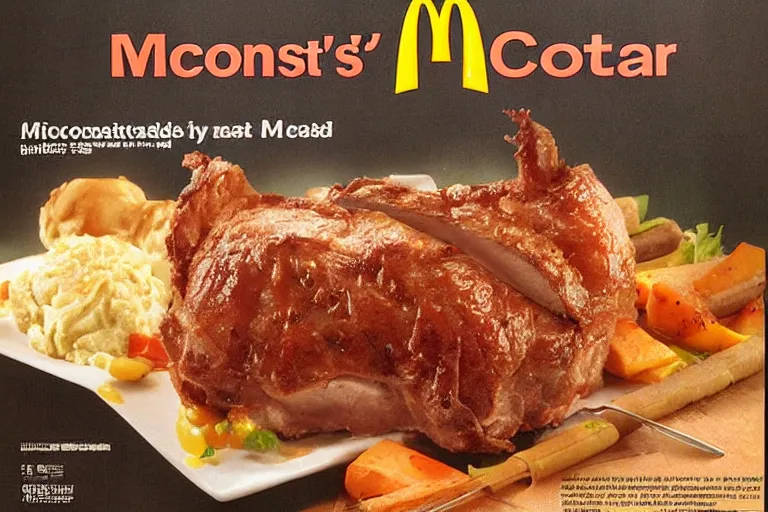 Prompt: mcdonald's roast pork meal, in 1 9 9 5, y 2 k cybercore, advertisement photo. artwork by craig mullins