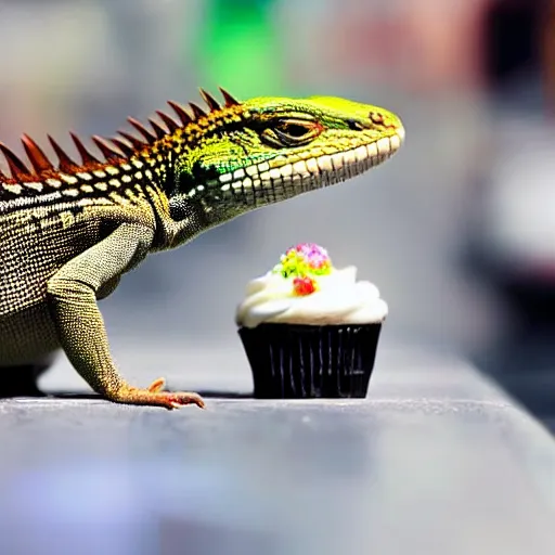 Prompt: a lizard eating a cupcake in new york city, sunny day, american dream, hyper realistic