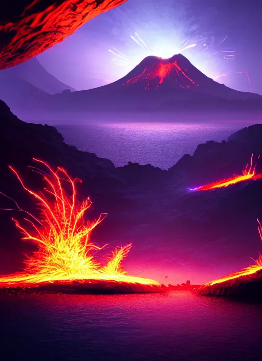 Prompt: night fantasy landscape with abstract mountains and island on the water, explosive volcano with burning lava, neon light. dark futuristic natural scene with reflection of light in the water, cinematic view, detailed, high detail, warm lighting, volumetric, godrays, vivid, beautiful, trending on artstation, by jordan grimmer, huge scene, art greg rutkowski