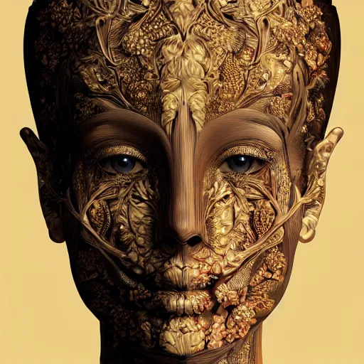 Image similar to face portrait of a beautiful woman, 150 mm, anatomical, flesh, flowers, mandelbrot fractal, veins, arteries, symmetric, intricate, golden ratio, full frame, microscopic, elegant, highly detailed, ornate, ornament, elegant , luxury, beautifully lit, ray trace, octane render in the style of peter Gric , alex grey and Romero Ressendi