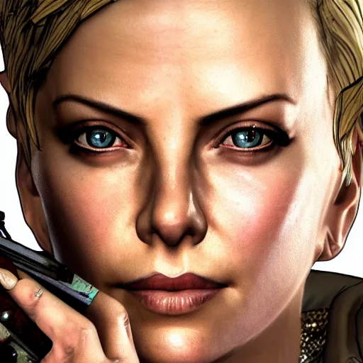 Image similar to charlize theron portrait, borderlands, tales from the borderlands, the wolf among us, comic, cinematic lighting, studio quality, 8 k