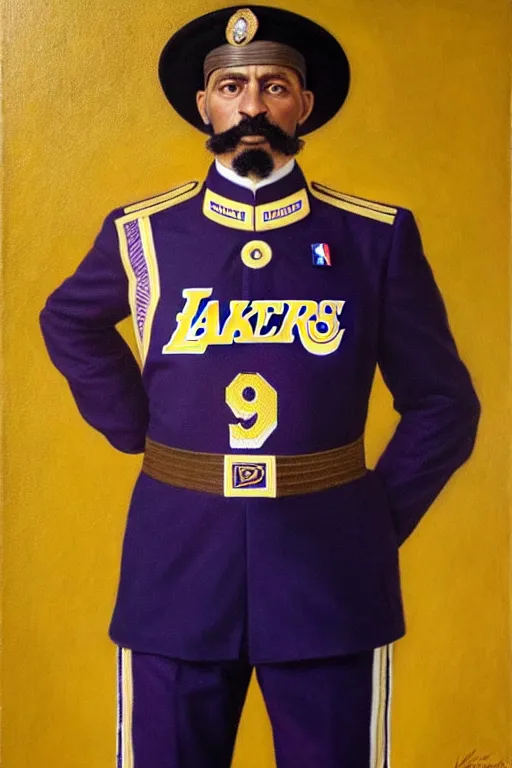 Image similar to full body portrait of the dictator of the los angeles lakers, 1 8 8 9, in full military garb, oil on canvas by william sidney mount, trending on artstation