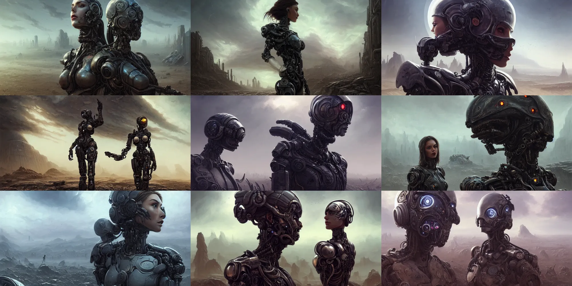 Prompt: ultra realistic style illustration, beautiful alluring super advanced cyborg, gorgeous face and figure, in an apocalyptic ancient wasteland, ominous sky, sci - fi, fantasy, intricate, elegant, highly detailed, digital painting, artstation, concept art, smooth, sharp focus, illustration, art by artgerm and greg rutkowski and wlop and simon stalenhag