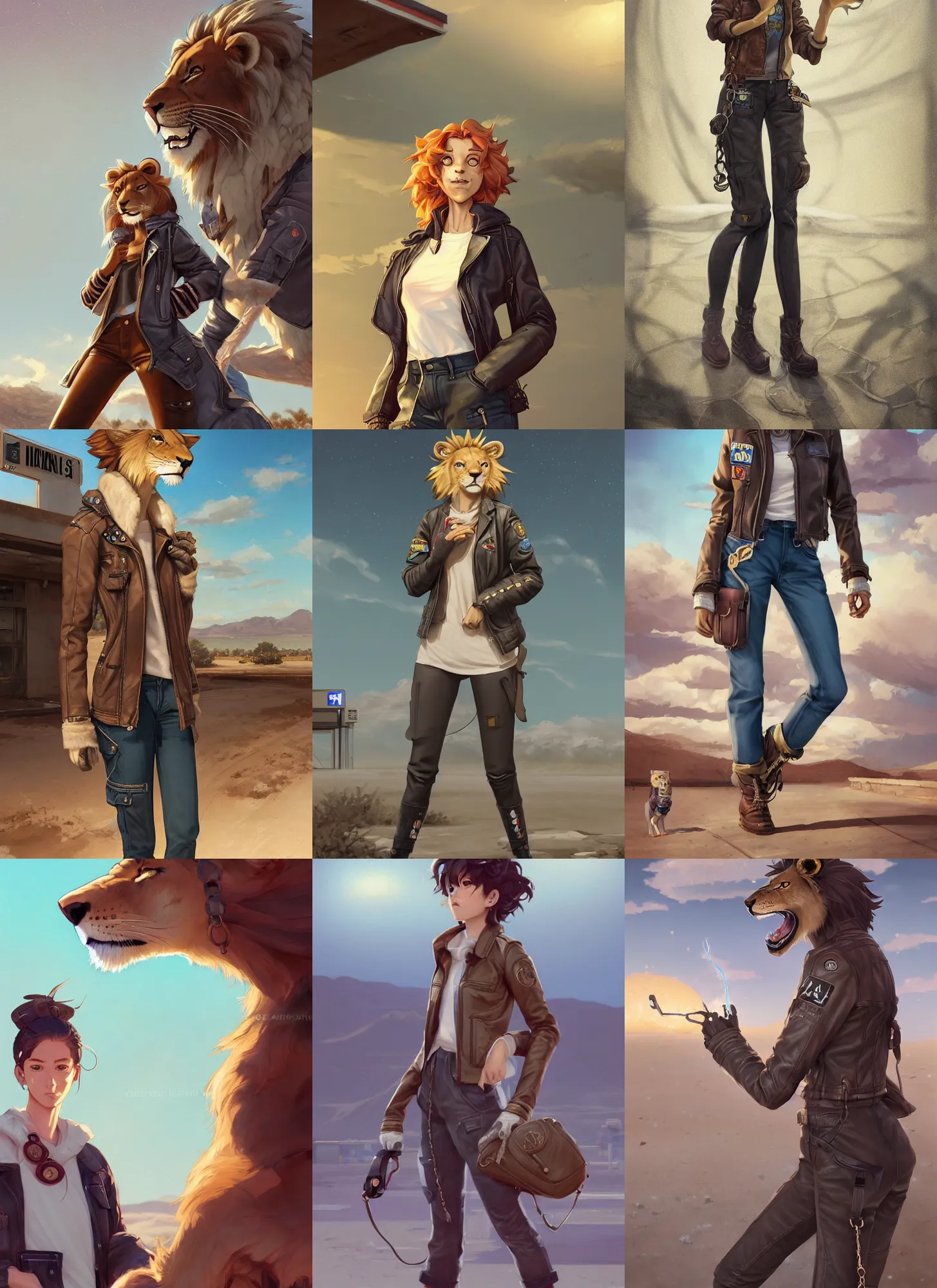 Prompt: beautiful portrait of a female anthropomorphic lion fursona wearing a open leather jacket at an old gas station in the desert. leather gloves. combat boots. cargo pants. pocket chain. character design by charlie bowater, ross tran, artgerm, and makoto shinkai, detailed, soft lighting, rendered in octane