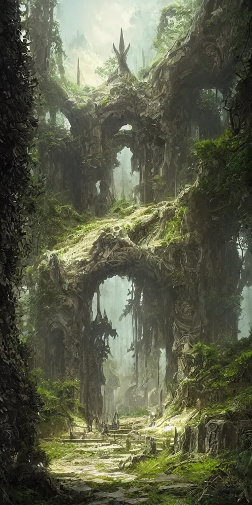 Image similar to the entrance of Valhalla, ornate, beautiful, weapons, lush, nature, low angle, in the style of Greg Rutkowski