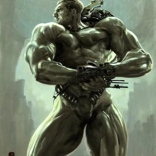 Prompt: handsome portrait of a spartan guy bodybuilder posing, radiant light, caustics, war hero, metal gear solid, ghost in the shell, steel bull run, by gaston bussiere, bayard wu, greg rutkowski, giger, maxim verehin