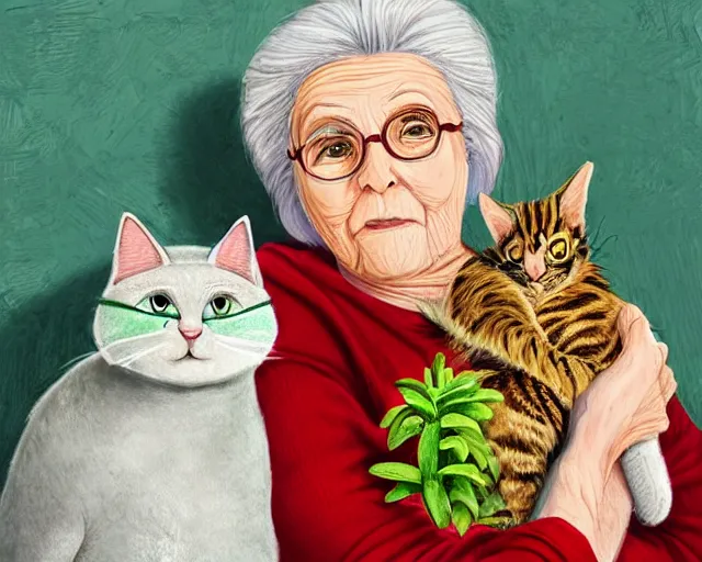 Image similar to detailed portrait of a nice old lady and her plant cat, pixar, sharp high quality