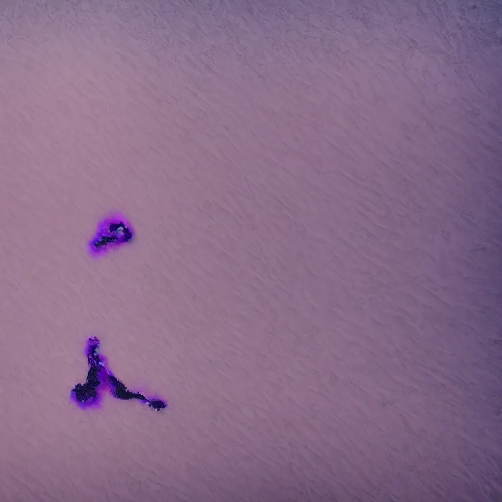 Prompt: drone view of iridiscent oil spill in desert dunes of sand tempest with women corpses connected by cables and computers to wax forms to a buried baby relaxing on yoga mat, faded, purple gradient, dust, purple fog, depth of field, by werner herzog, hans bellmer and nadav kander, 8 k, sad atmosphere, cinematic