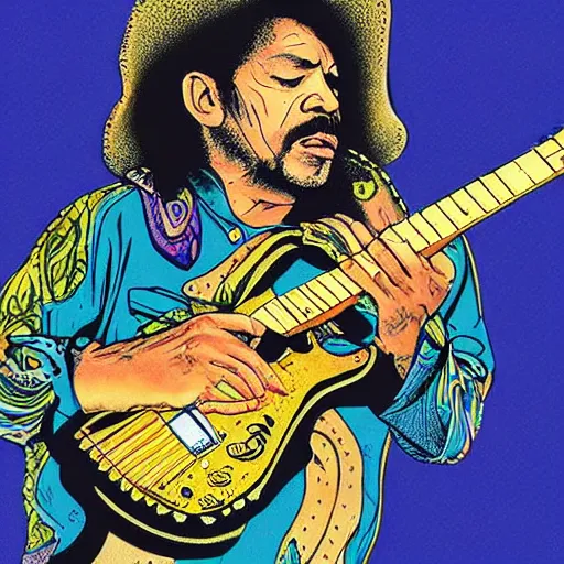 Prompt: portrait of Carlos Santana playing guitar with snakes evolving from his body