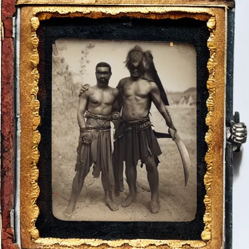 Image similar to spartan man and his helot slave, helot, ancient sparta, daguerreotype photograph, ancient photograph