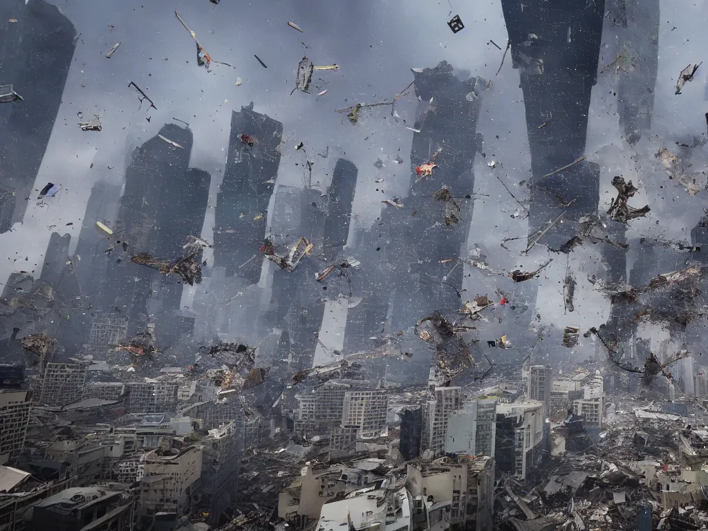 Prompt: pieces of giant skyscrapers suspended in air, falling from sky, with debris and destruction falling from sky, mid air, debris flying around