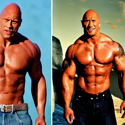 Image similar to Dwayne the rock Johnson with a really big forehead with abbs