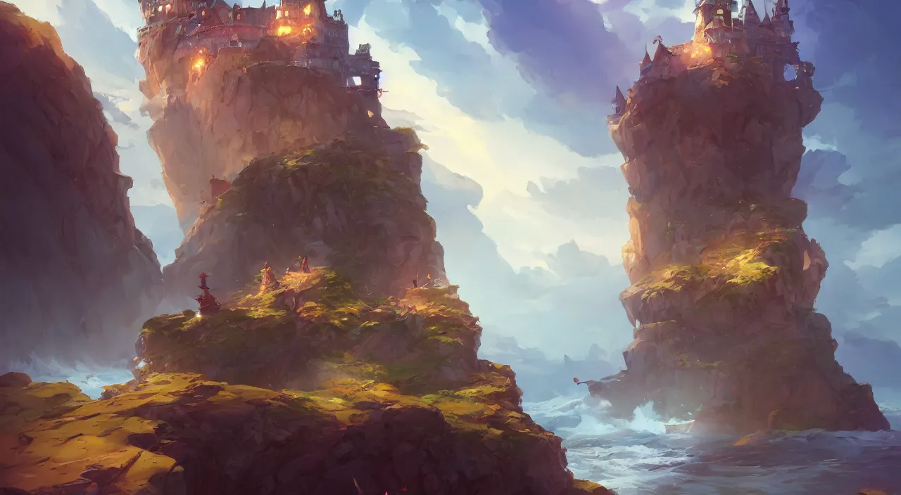 Image similar to castle on top of cliff over stormy seas, heartstone official fanart behance hd by Jesper Ejsing, by RHADS, Makoto Shinkai and Lois van baarle, ilya kuvshinov, rossdraws global illumination