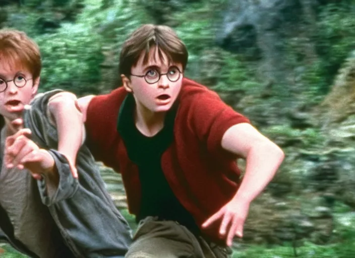 Prompt: harry potter in Jurassic park (1993), screenshot
