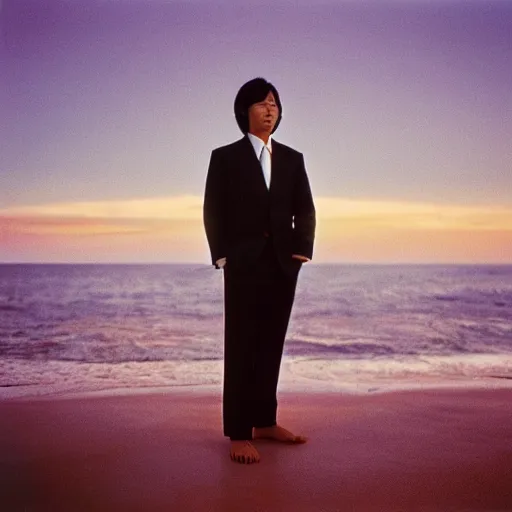 Prompt: japanese man with long hair in a suit standing in the ocean looking at the camera, wide shot, far away, sunset, album cover, 1980, tatsuro yamashita