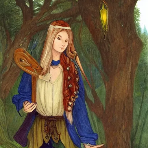 Image similar to elfen fairy, bard, lute, art student, cardigan, blonde, male