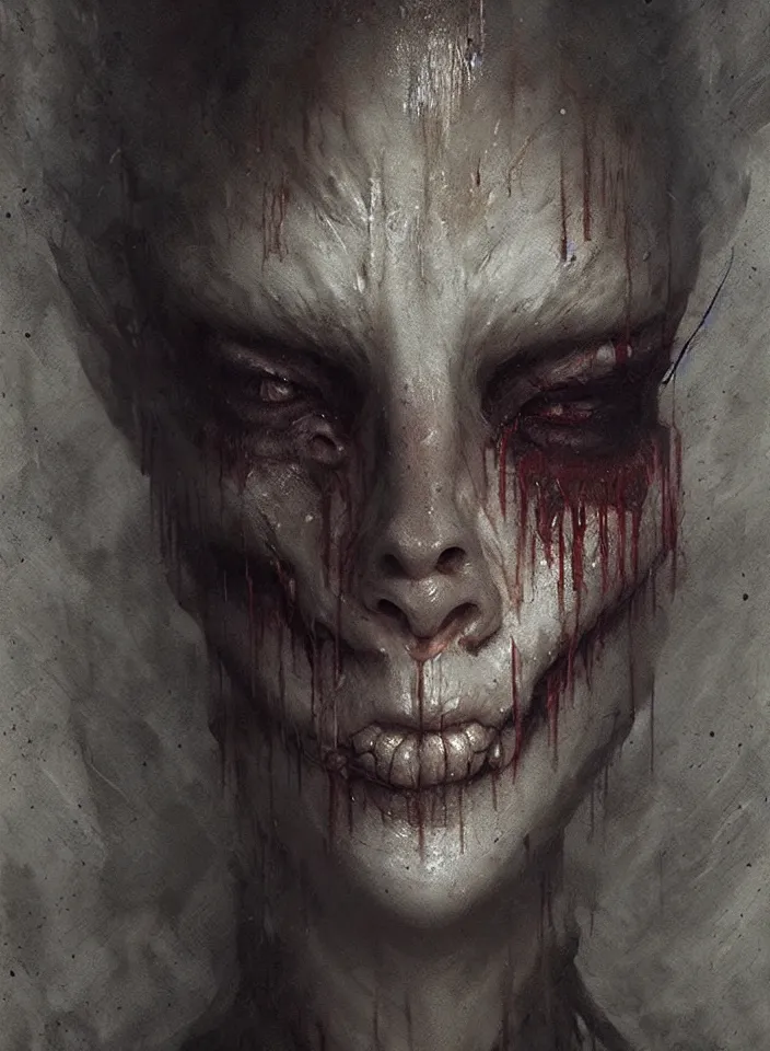 Prompt: a face portrait of a creature invoking fear, art by greg rutkowski, silent hill, horror setting, dark lighting, matte painting, trending on artstation, very detailed