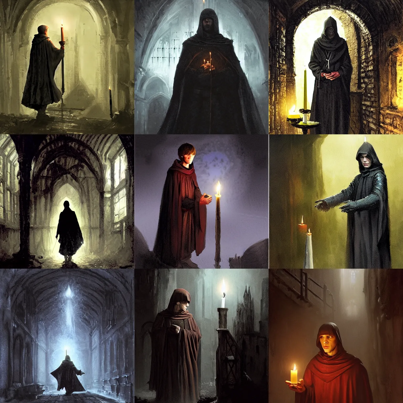Prompt: jesse eisenberg as an enigmatic medieval christian ( ( monk ) ) in a dark underground city. dark shadows, colorful, candle light, law contrasts, ( ( dim light ) ) ) fantasy concept art by jakub rozalski, jan matejko, and j. dickenson
