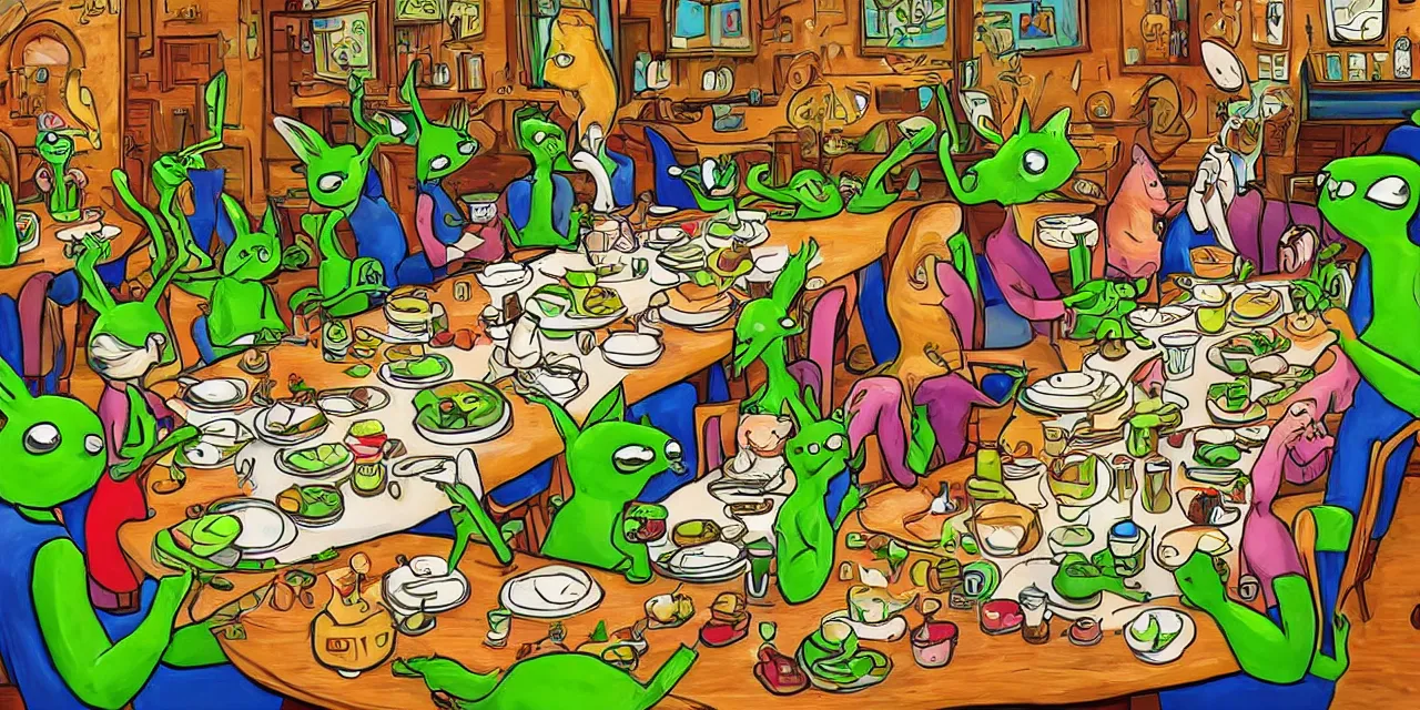 Image similar to long table big family style diner in the artistic style of slightly surreal cat in the cat book iconography but replace cat with little green aliens wearing costumes highly detailed