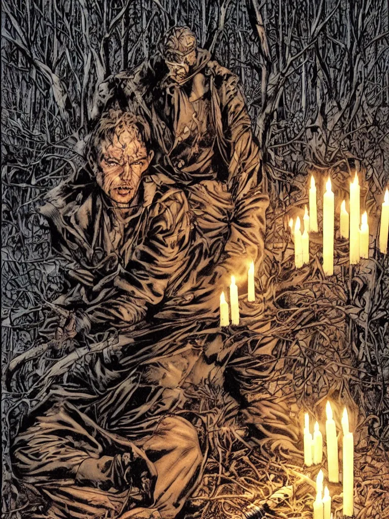 Image similar to sandman surrounded by candles in a deserted forest by lee bermejo