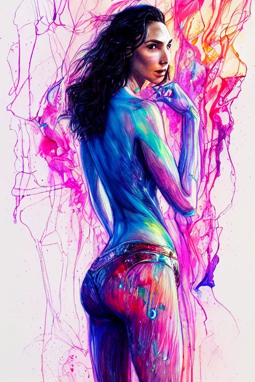 Image similar to gal gadot by agnes cecile enki bilal moebius, intricated details, 3 / 4 back view, full body portrait, extremely luminous bright design, pastel colours, drips, autumn lights