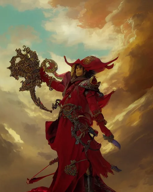 Image similar to A Full View of a Red Mage wearing magical ornate armor and a pirate hat surrounded by an epic cloudscape. Magus. Red Wizard. masterpiece 4k digital illustration by Ruan Jia and Mandy Jurgens and Artgerm and greg rutkowski and Alexander Tsaruk and WLOP and Range Murata, award winning, Artstation, art nouveau aesthetic, Alphonse Mucha background, intricate details, realistic, panoramic view, Hyperdetailed, 8k resolution, intricate art nouveau