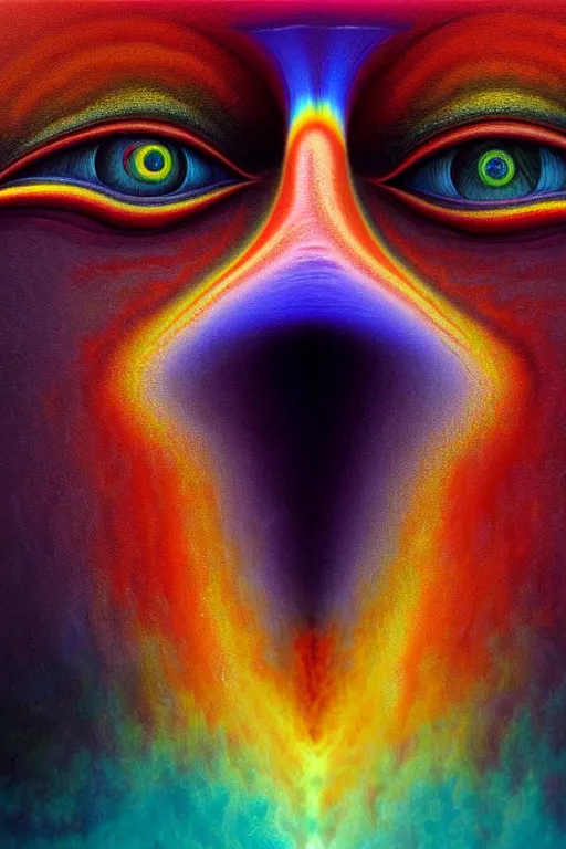 Image similar to hyperrealistic abstract close-up Renaissance psychedelic!! celestial happy! pure creature!! peaceful! kind spirit of nature! beautiful fractal!! eyes! highly detailed concept art eric zener elson peter cinematic hard rainbow lighting high angle hd 8k sharp shallow depth of field endless, inspired by Zdzisław Beksiński Salvador Dali