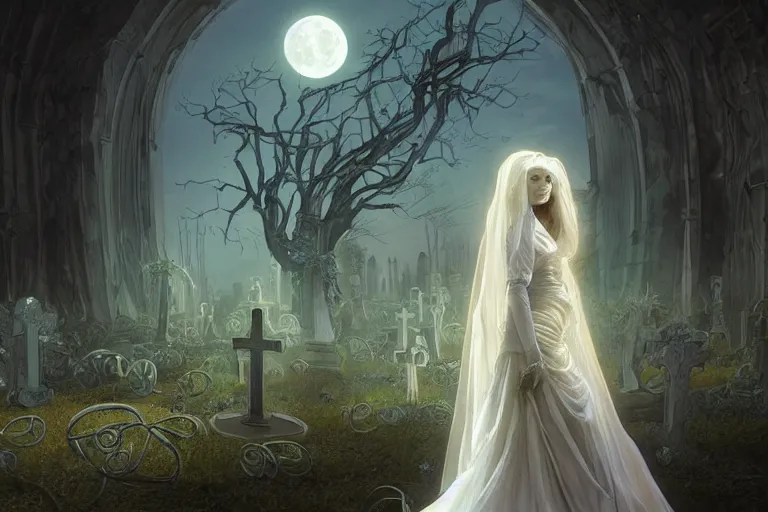 Prompt: an ultra detailed animation of a ghost bride in a graveyard at midnight on halloween, digital art, dark fantasy, concept art, soulslike, by alphonse mucha, blood moon eclipse, ruined building in the background, artstation, 8 k, unreal engine render