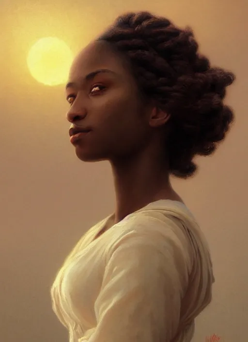 Prompt: oil painting close up portrait of a serene young black woman with long dark flowing hair in a white dress, wearing a crown of wildflowers!! at sunset, hazy, digital art, chiaroscuro, artstation, cinematic, golden hour, digital art painting by greg rutkowski, william - adolphe bouguereau, hazy atmosphere, cinematic lighting