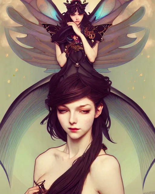 Image similar to portrait of a woman with wings, pixie character, genshin impact, fantasy magic, dark light night, intricate, elegant, sharp focus, illustration, highly detailed, concept art, matte, art by wlop and artgerm and greg rutkowski and alphonse mucha and kidmo, anime, trending on artstation