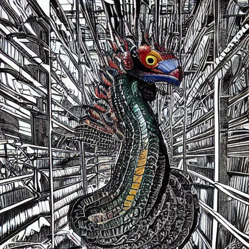 Prompt: quetzalcoatl locked in a cage in a warehouse, 1 9 8 0's scifi, 8 k, highly ornate intricate details, extreme detail, punk xerox, cut out collage, lofi