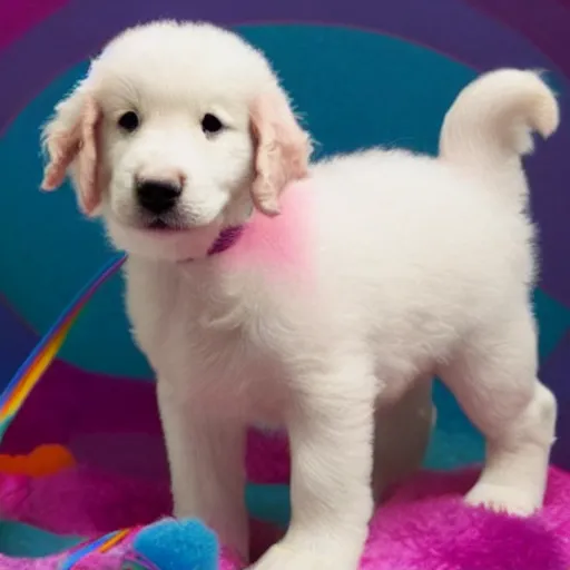 Prompt: a an adorable pink fluffy puppy with under a rainbow
