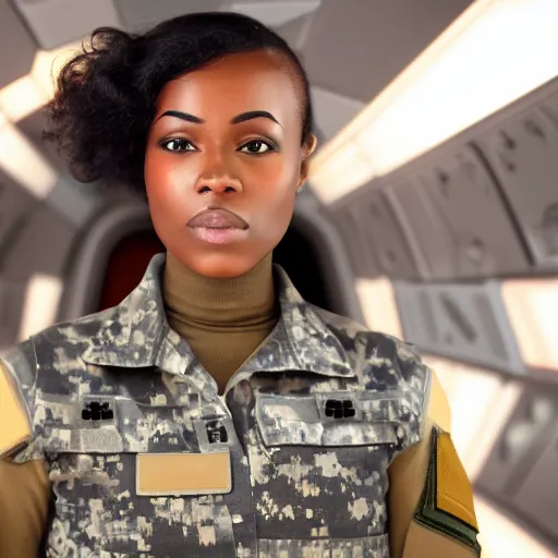 Prompt: a futuristic female soldier with brown skin and short hair in a spaceship