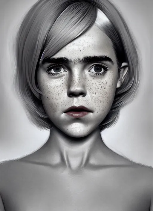 Image similar to portrait of kiernan shipka with freckles, white hair, 1 9 6 0 s bob hairstyle, hairstyle with bangs, 1 9 6 0 s bob hair with bangs and hairband, intricate, elegant, glowing lights, highly detailed, digital painting, artstation, concept art, smooth, sharp focus, illustration, art by wlop, mars ravelo and greg rutkowski