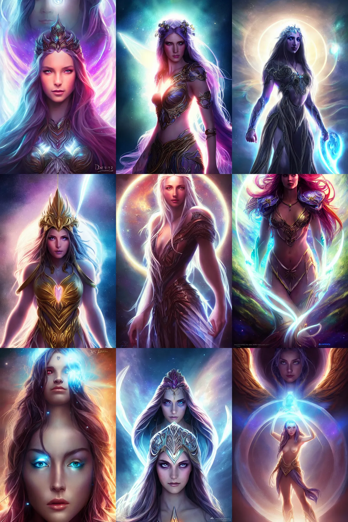 Prompt: beautiful cinematic fantasy poster, goddess of light and love, beautiful glowing galaxy eyes, hybrid from The Elden Ring and art direction by Darius Zawadzki ;by artgerm; wayne reynolds art station; cinematic quality character render; low angle; ultra high quality model; production quality cinema model; full body in view, full body in frame