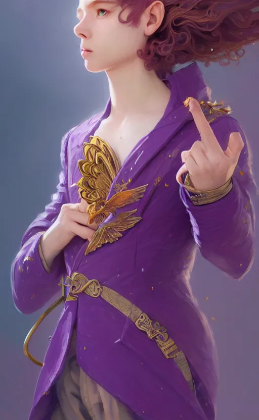 Prompt: non binary halfling, wearing purple smoking jacket, golden wings, d & d, fantasy, intricate and very beautiful and highly detailed, elegant, digital painting, artstation, concept art, matte, smooth and sharp focus, illustration, art by tian zi and wlop and alsphonse mucha and artgerm and greg rutkowski