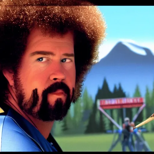 Image similar to a closeup photorealistic photograph of bob ross painting an image of kenny powers pitching a baseball on a canvas. mountains and trees. film still. brightly lit scene. this 4 k hd image is trending on artstation, featured on behance, well - rendered, extra crisp, features intricate detail, epic composition and the style of unreal engine.