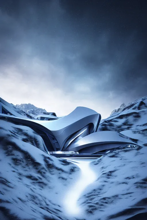 Image similar to a futuristic scene in front of a zaha hadid building in the french alps in the style of chris moore, cinematic matte painting, extreme detail photo quality, dark moody colors, snowfall, featured on behance