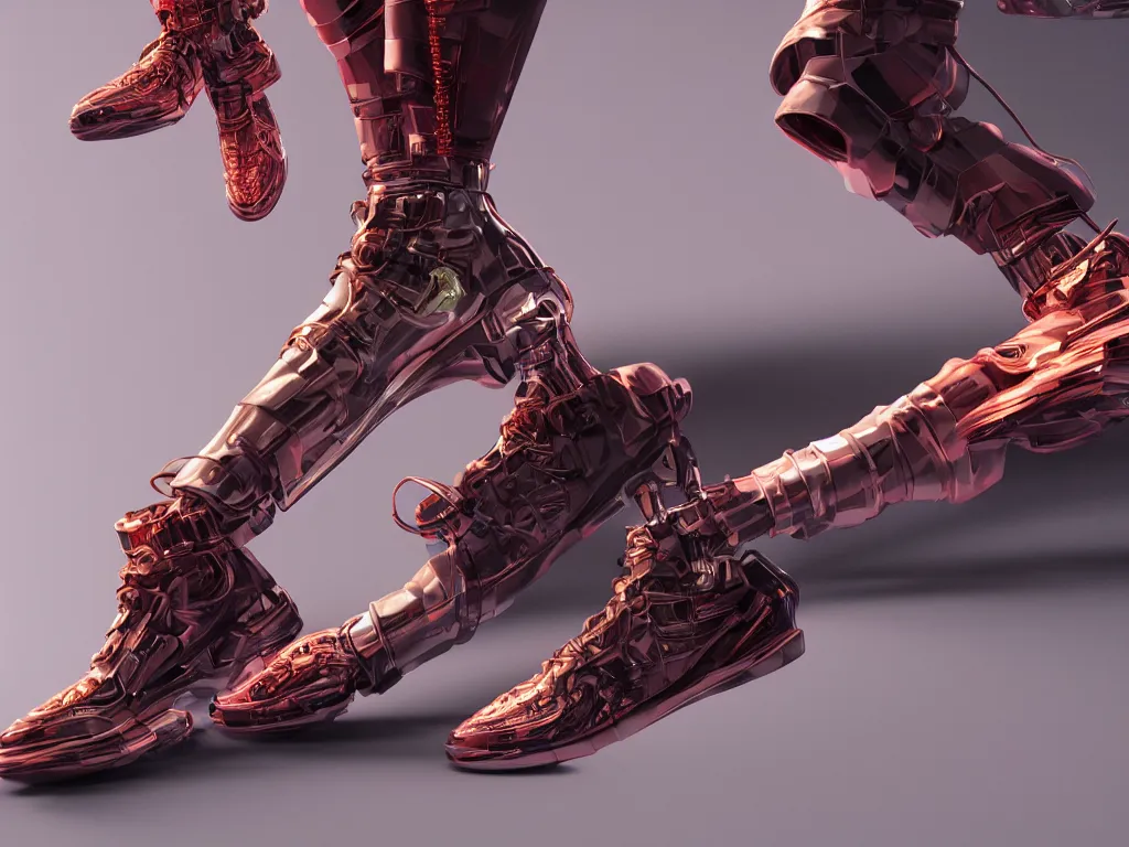 Prompt: realistic 3 d render of a cyberpunk android foot wearing sneakers, beautiful studio lighting, soft, sharp focus, neon cyberpunk highlights, intricate detail, gold and red accents, soft rubber, octane render, side view, close up, trending on artstation, deviantart, art by syd mead and issey miyake