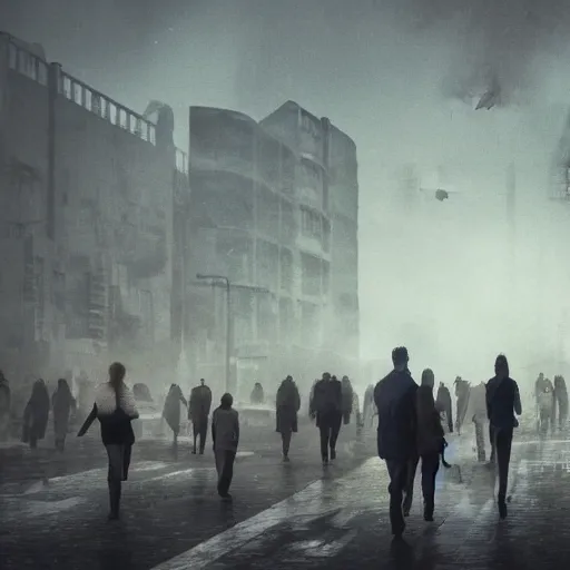 Image similar to hordes of drone-like people aimlessly walking around a depressing dystopian cityscape , trending on artststion, hyper realistic, surreal, melancholic, 8k, upscaled