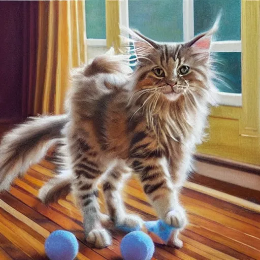 Prompt: cream color maine coon cat chasing a cat-toy-ball in a sunlit bedroom, hardwood floors with a colorful tattered old throw rug, bay window sofa in the background, fun, energetic, amusing, cute, funny, in style of Robert Hagan, trending on art station