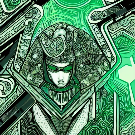 Prompt: glyph design intricate in the graphic style of Matt Sanz and DC Comics, hyper detailed, trending on artstation, green tones