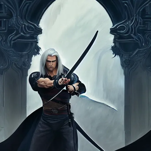 Image similar to Henry Cavill as Sephiroth wielding a katana, western, D&D, fantasy, intricate, elegant, highly detailed, digital painting, artstation, concept art, matte, sharp focus, illustration, art by Artgerm and Greg Rutkowski and Alphonse Mucha