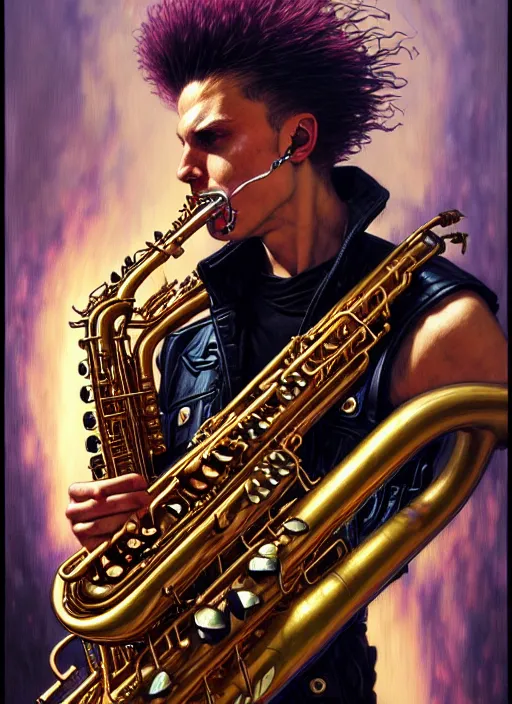 Image similar to portrait of a punk man playing sax, warhammer 40000, cyberpunk, intricate, highly detailed, digital painting, artstation, concept art, smooth, sharp focus, illustration, art by Amano and Karol_Bak and artgerm and greg rutkowski and alphonse mucha and Gustav Klimt and Kojima