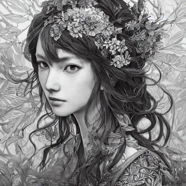 Image similar to the portrait of chaotic good female druid botanist as absurdly beautiful, gorgeous, elegant, young gravure idol, an ultrafine hyperdetailed illustration by kim jung gi, irakli nadar, intricate linework, sharp focus, bright colors, octopath traveler, final fantasy, unreal engine 5 highly rendered, global illumination, radiant light, detailed and intricate environment