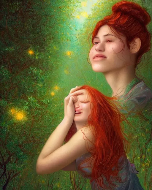 Prompt: shy young woman, smiling, amazed by the lights of golden fireflies, sitting in the midst of nature fully covered, long loose red hair, intricate linework, dreamy green eyes, small nose with freckles, oval shape face, realistic, expressive emotions, dramatic lights, spiritual scene, hyper realistic ultrafine digital art by james jean and albert bierstadt and artgerm